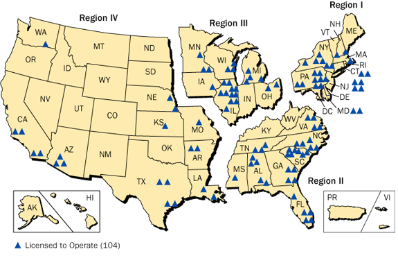 Map of the Locations of Nuclear Plants in the United States
