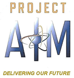 Project AIM logo consisting of an illustration with the words PROJECT (in a tan color), and AIM (in a varying (gradient) light to dark blue color) in the center with the NRC atom logo overlaying the I in the word AIM, and below the crosshairs the words Delivering Our Future
