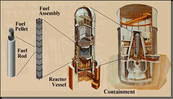 images of Fuel Pellet, Fuel Rod, Fuel Assembly, Reactor Vessel, and Containment - each with those words, which shows the nuclear fuel and its placement within the nuclear power plant, with a cut-away image of the RPV (reactor pressure vessel)