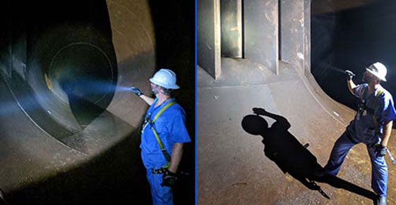 The NRC's Jared Nadel (right) and Nick Peterka are #OntheJob participating in an inspection of the penstock of South Carolina's Keowee Hydroelectric Station, a backup power source for Oconee.