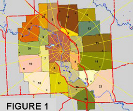 Figure 1 depicts a typical 10-mile plume exposure pathway EPZ map. The center of the map is the location of the commercial nuclear power plant reactor building. Concentric circles of 2, 5, and 10 miles have been drawn and divided into triangular sectors identified by letters from A to R. Municipalities identified to be within the 10-mile EPZ have been assigned numbers from 1 to 24. The triangular sectors provide a method of identifying what municipalities are affected by the radioactive plume as it travels.