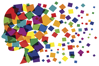 A silhouette of a person's head made up of many small, colored squares which open up to the rear and spread out on a white, rectangle background; the image represents the NRC's Transformation Journey Focus Area.