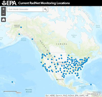 Map of the United States provided by the EPA ‘Near-Real-Time and Laboratory Data by State’ website. Title 'Current RadNet Monitoring Locations'. Map powered by esri.