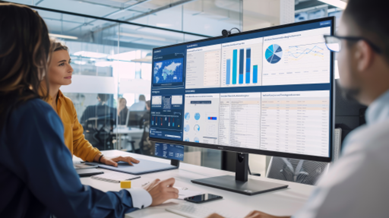 Photo with three people surrounding a monitor with infographics on the screen