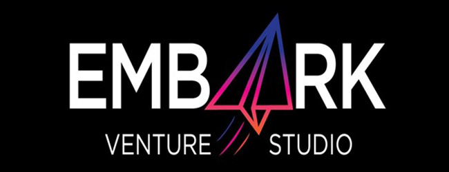 Embark Logo with a black background, the words 'EMBARK VENTURE STUDIO' with the 'A' in 'EMBARK' being a multicolored paper airplane.