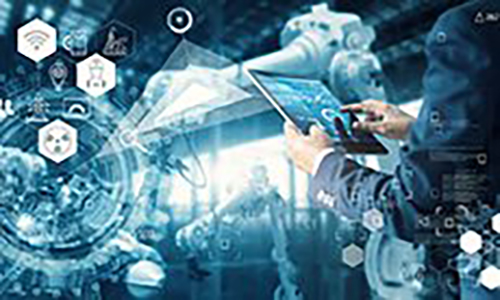 This image contains a person using a tablet and a technology grid abstract background that includes icons related to energy