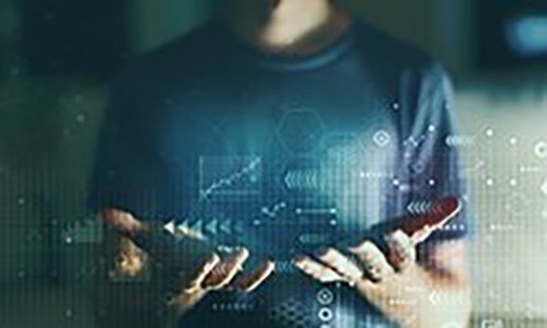 This image contains an abstract grid with technology related icons and a person on the background with hands opened to all the different icons
