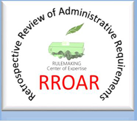 Retrospective Review of Administration Requirements (RROAR)  logo, consisting of a white background with the RULEMAKING Center of Expertise logo centered over the word RROAR in red font; Centered around the outer portion of the image is the words Retrospective Review of Administration Requirements in black font in a circular display.
