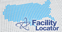 Facility Locator icon consisting of a grey background grid with a blue United States shaped map image in the center of the grey grid along with the atom symbol and the words Facility Locator; hyperlink to the Facility Locator page.