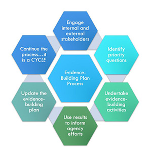 This image shows the Learning Agenda process as a circle made of a set of linked steps depicted in hexagons