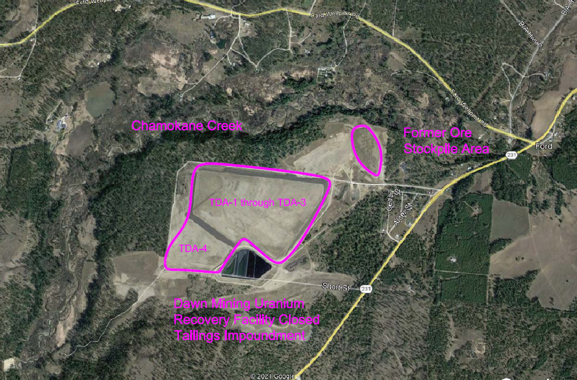 Figure 2. Closed Tailings Impoundment Location Map (modified from Google Earth 2019 Aerieal Photography)