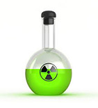 A glass laboratory flask with a black, rubber stopper plug in the top. The flask is half-full with a florescent green fluid, and in the center of the round body of the flask is a black trefoil symbol, long accepted as the label for denoting radioactive material