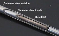 Cutaway image of sealed capsule, contaiining radioactive material in a sealed source which is either a single solid piece or is contained in a sealed capsule that can be opened only by destroying the capsule and has been tested and meets the qualification requirements in 10 CFR 71.75. Examples include radiography cameras and irradiators. The cutaway image shows the various layered structure material of the sealed capsule, with the words 'Stainless steel outside' pointing to the outer surface; 'Stainless steel inside', pointing to the inner surface, and 'Cobalt 60' pointing to the most inner material.