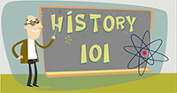 Student Corner History 101 navigational icon consisting of a male cartoon character holding a pointer to the words History 101 on a blackboard, with a large image of an atom to the lower right of the blackboard