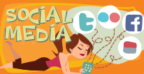 Social Media navigational icon consisting of a female cartoon character laying down and looking at her smart device with the words Social Media and a bubble caption showing various icons for social media: twitter, Flickr, etc.