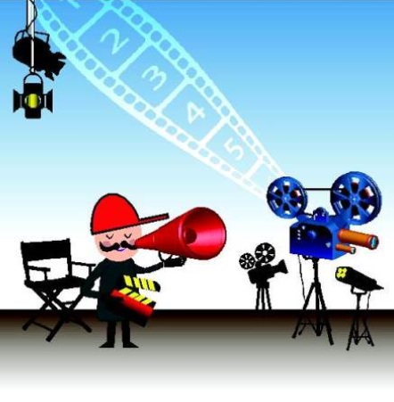 Stylized image of a movie production set with a director, cameras and lights.