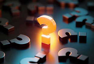Rendering of a bright orange question mark surrounded by a bunch of black question marks 