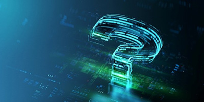on a blue background, a holographic question mark