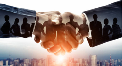 rendering of two hands shaking with silhouettes of people over an image of a city skyline.