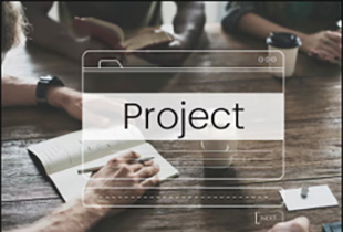 A group of people huddled around a table writing notes with a transparent icon of a folder with the word 'Project'. 