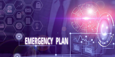 on a purple background, there is a person in a suit that is pointing to a bright futuristic lock, and to the left, a group of hexagons with images inside of them, and in the center the words 'Emergency Plan' in white font.
