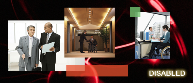 Disabled collage consisting of black background with red neon designs and the word DISABLED in the lower righ corner of the image. Three photos are layered on top of the background design: two men in business attire talking with one man holding a walking stick cane and a briefcase; two men in business attire in an office or hotel lobby are shaking hands with one of the men seated in a wheel chair; a woman in a wheel chair with an open book on her lap in front of a desk with a man seated behind it speaking to her