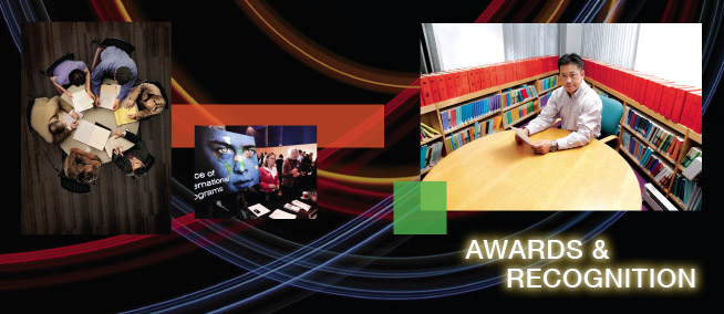 Awards & Recognition collage consisting of a top down view of people sitting at a round table reading aticles; a scene of a meeting with a images being displayed on a screen on the wall; a man sitting at a round table in a library setting holding an article and looking toward you; and the words Awards and Recognition
