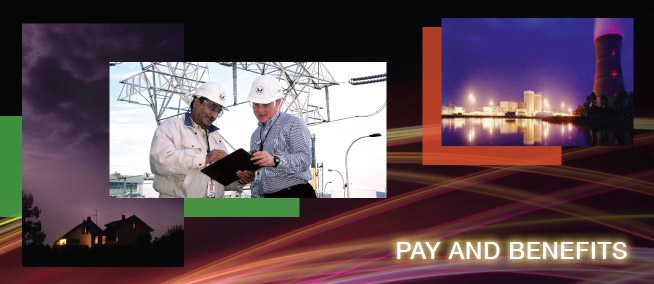 Pay and Benefits collage consisting of a nightime scene with a house sitting in the dark with lights glowing inside; two NRC inspectors wearing white hard hats looking at a clip board with power grid towers in background; and night photo of a glowing city with a nuclear power plant cooling tower off to the right side and the words Pay and Benefits