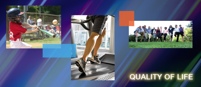 Quality of Life collage consisting of various scenes of living: a little league baseball player hitting a baseball; a person running on a treadmill from the waist down; a group of office workers outside on grass all with arms on each others shoulders; and the words Quality of Life