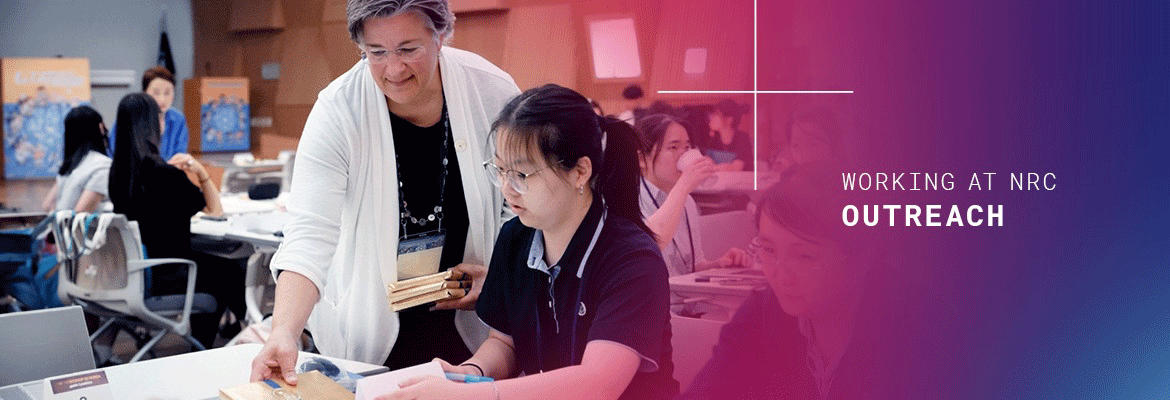 a commissioner helping a student at learning workshop with other students in the room, to the right on a purple and faded into blue colored background with the words 'working at nrc' and (in bold font) 'outreach' 