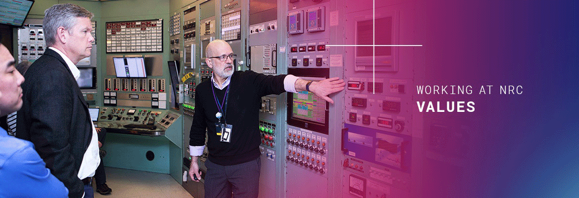 chair visiting a power plant; to the right on a purple and faded into blue colored background, the words in white 'working at nrc' and (in bold font) 'values'