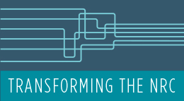 Section Photo - Transforming the NRC, consisting of a dark, dusty blue background with a series of six turquoise color lines which start on the left and intermingle towards the right into a tighter pattern. Below this is a turquoise background with the words Transforming the NRC in large, white font