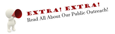 Image of bullhorn guy with the words 'Extra! Extra! Read All About Our Public Outreach!'