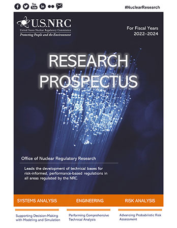 On a dark blue background with fiber lights are the words 'Research Prospectus' in the center, 'For Fiscal Years 2022-2024' on the upper right, and the USNRC logo on the upper left.
