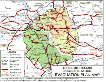 Map showing representative routes for a planned evacuation from a nuclear power plant