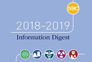 2018-2019 Information Digest text and NRC icon and below the title is artist symbols from left to right of the World icon, Nuclear Plan Icon, Medical Sign icon, Atomic Icon, World Eye ico