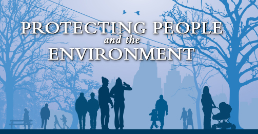 the words:'Protecting People and the Environment' on a winter-colored blue contrast background, over a silhouette image of a city park with tall buildings in the background, trees, birds in the sky, and people wearing winter weather clothing, shown participating in activities, i.e., a couple viewing the tall buildings, parent and child walking together, and mother with a stroller etc.