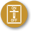 a brown circle outline with a brown, rectangle on and off switch in the middle of the circle with the swith in the On position and the words On and Off