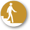 a brown circle outline with a brown shape of a man wearing a hard hat, holding a flashlight and walking down stairs