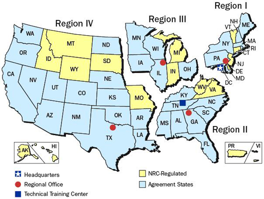 Map image of U.S., showing NRC Regions relating to Plant-specific correspondence, evaluations, and responses concerning reactor coolant system weld issues