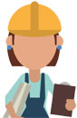 Artist's rendering of a faceless woman figure wearing a yellow hard hat, dressed in overalls holding a rolled up document in the right hand and a clipboard in the left hand