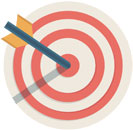 Artist's rendering of an archery target (white with red rings and bullseye) and an arrow stuck in the middle of the bullseye
