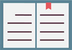 Policy icon - consisting of an artist's rendering of an open book with text on the pages and showing a bookmark at the top right page.