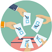 Artist's rendering of 5 people's hands holding checked off paper ballots around the opening of a ballot box.
