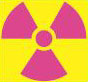 Radiation warning symbol consisting of magenta or black trefoil on a yellow background