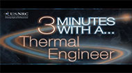 On a pale, flat black background, with a small NRC logo in the upper right corner, and colored rings such as around planet Saturn below, are the words '3 Minutes with...Thermal Engineer'.