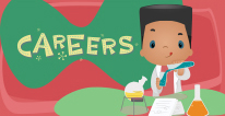 Title in a green background 'Careers' with an avatar scientist with flasks on a contrast background color red