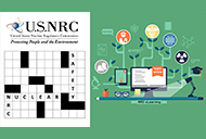 NRC eLearning icon consisting of a pale green background with an image of a horizontal pencil serving as a desk top; on the desktop is a computer monitor which as blank lines of text on a white backgound with an orange bookmark which says 'learn online' in white font; Also on the desk top is a pair of reading glasses and a desk lamp shining down onto the desk top; the computer monitor image serves as the trunk of a tree with many other various NRC web site icons all linked together as branches of the tree; the other icons representing various NRC programs; with a crossword puzzle to the left.