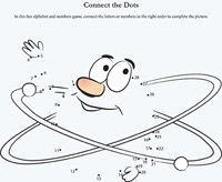 image of NRC's atom character with numbered dots used to connect together to complete the drawing of the image, with the title Connect the Dots, and the words: In this fun alphabet and numbers game, connect the letters or numbers in the right order to complete the picture