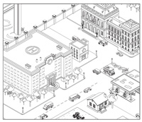 A black and white image of a cityscape (worksheet), with 10 little NRC Atom characters hidden in various spots of the city to be found and circled by students participating in the Hidden Objects Activity